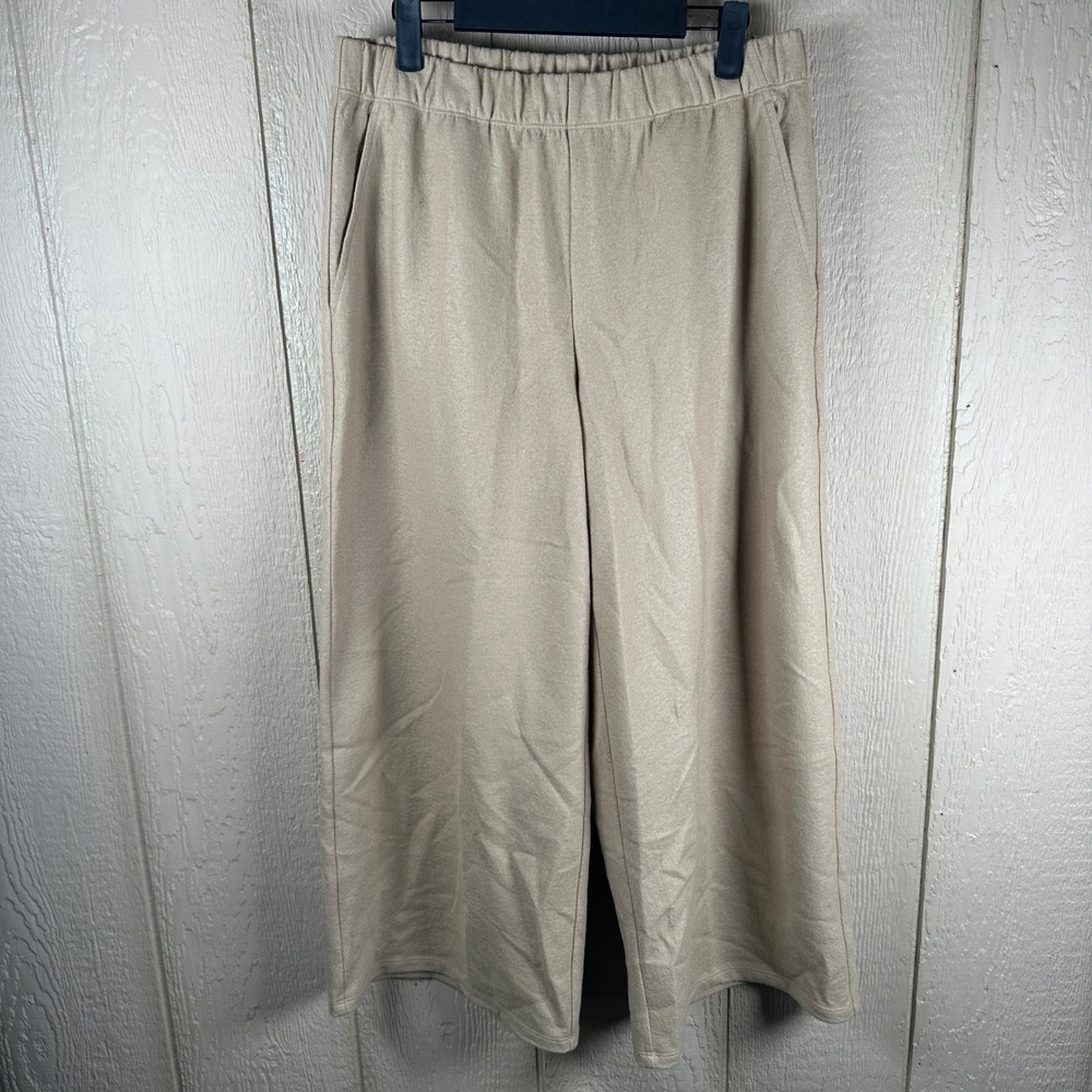 Eileen Fisher Wool Wide Leg Cropped Pants Womens PM Tan Beige Elastic Waist